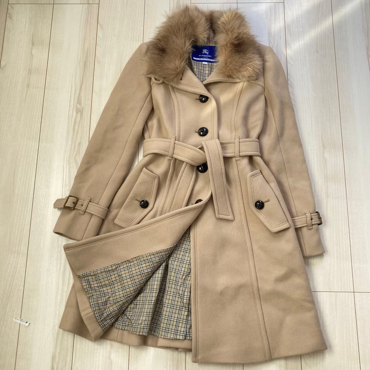 バーバリーブルーレーベル フォックスファー襟2WAYノバチェックウール