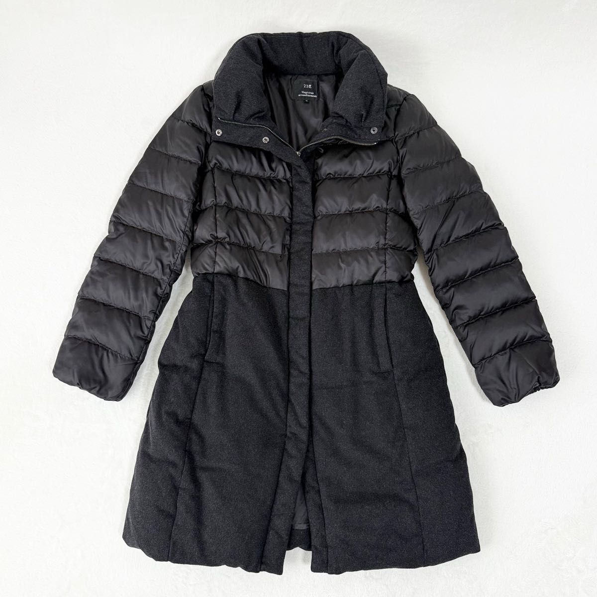 23区 カシミヤ混 異素材 ロングダウンコート ドッキング ブラック