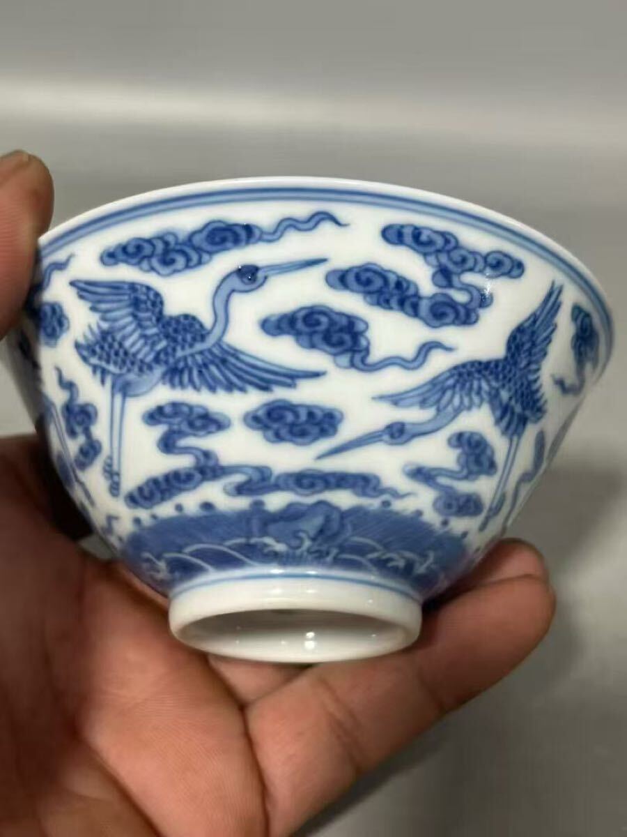 清時代 青花 染付 人物泛舟文 盃 三点組 詩文有 中国古美術 清時代