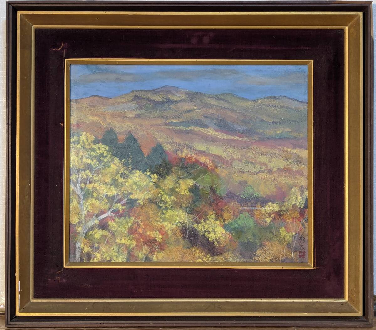 真作】絵画 日本画8号 錦秋の山並み 紅葉風景画 秋彩