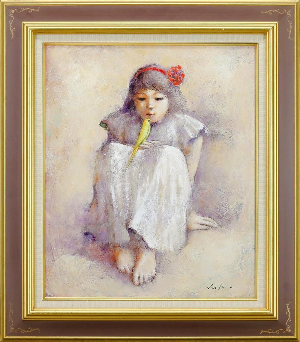 伊藤順一 鳥と少女 絵画 伊藤順一 『インコと少女』 油彩画 - 北海道画廊