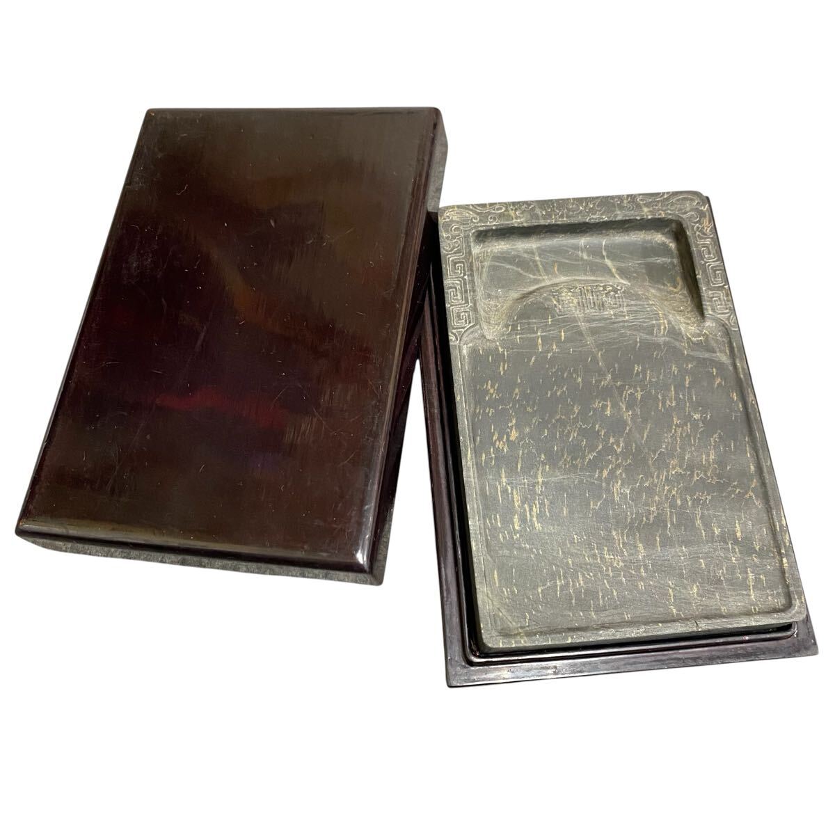 歙州硯 雲竹風流文】◇金暈・金星・水波羅紋の美石◇唐木塗箱◇約7.2吋