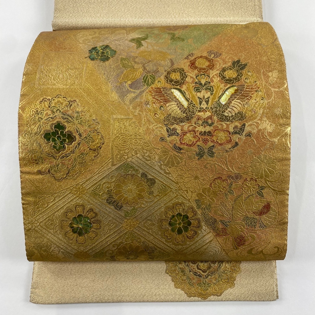 袋帯 名品 向鳥 華文 螺鈿 金彩 金色 お太鼓柄 正絹 中古 袋帯 名品