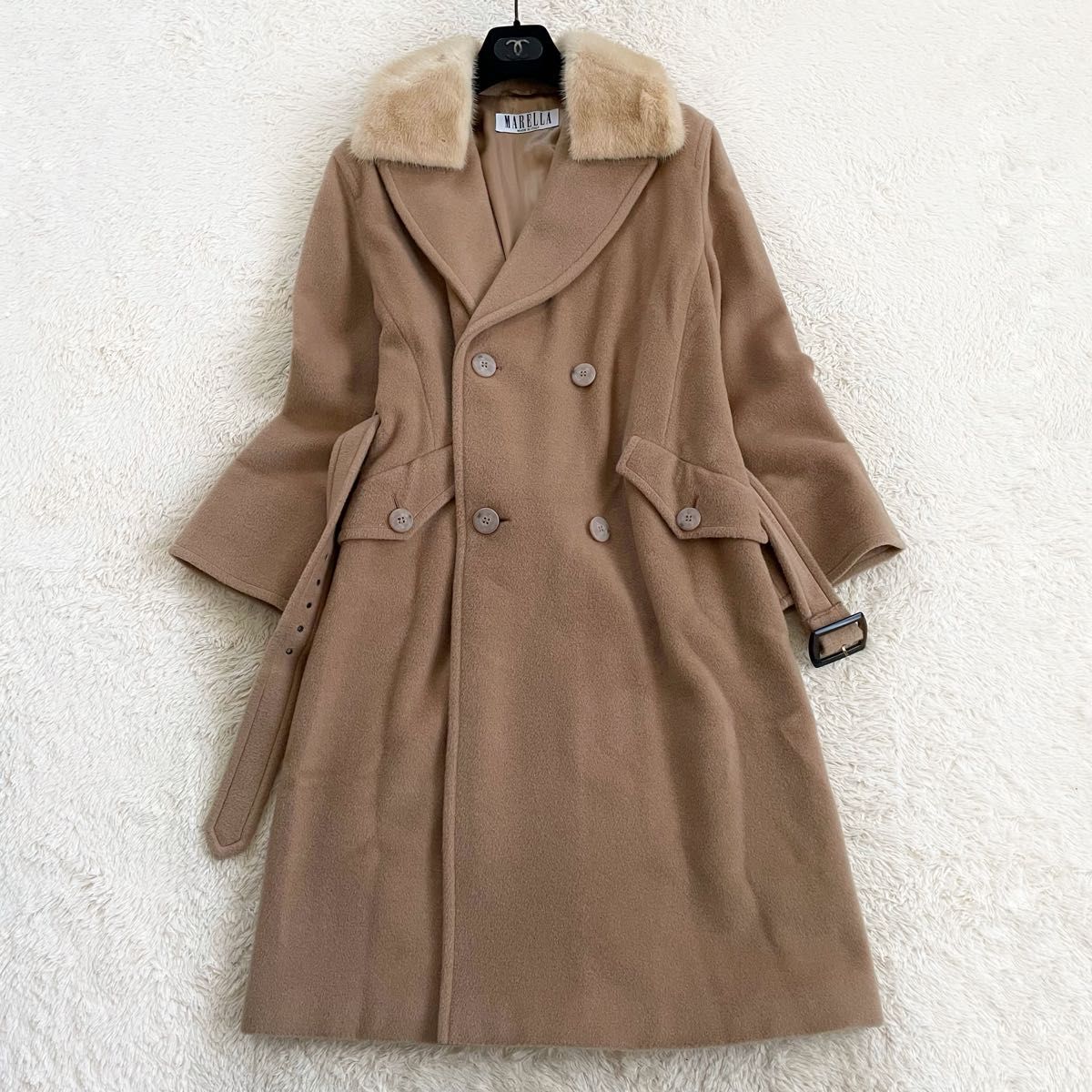 美品 マレーラ MARELLA カシミヤ混 ダブル ファー ベルト 大きいサイズ