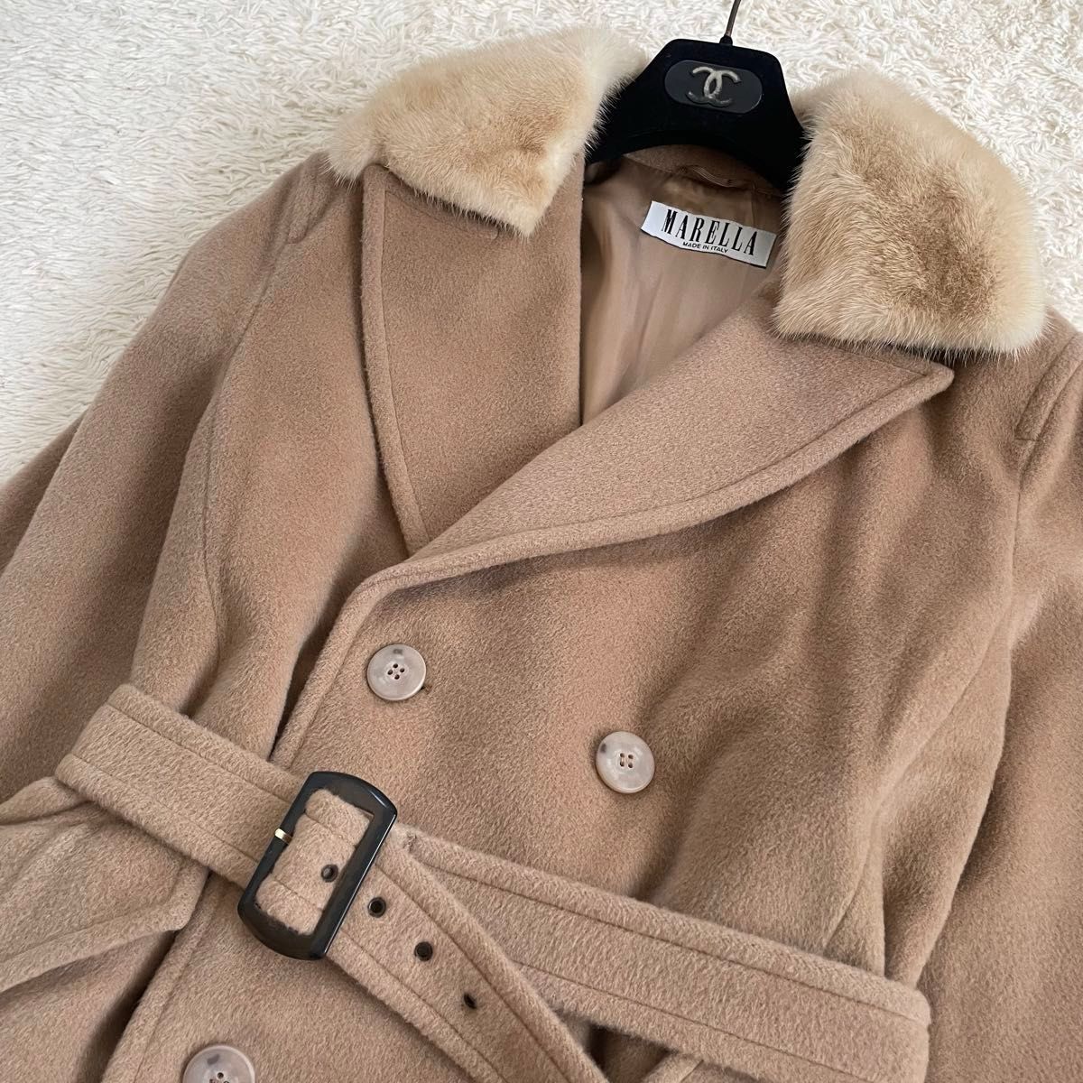 美品 マレーラ MARELLA カシミヤ混 ダブル ファー ベルト 大きいサイズ