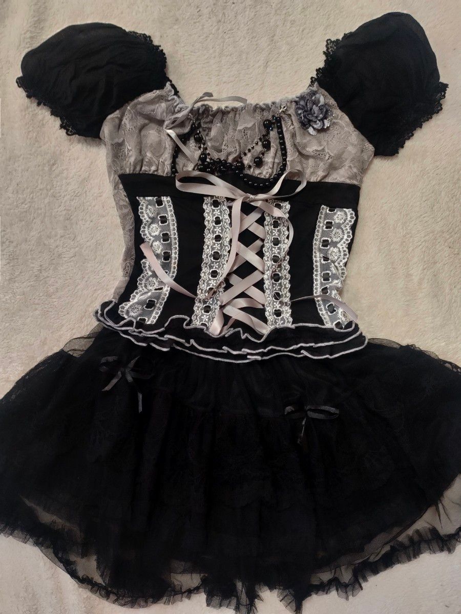 00s ダークコア ウィッシュコア レース リボン レースアップ トップス