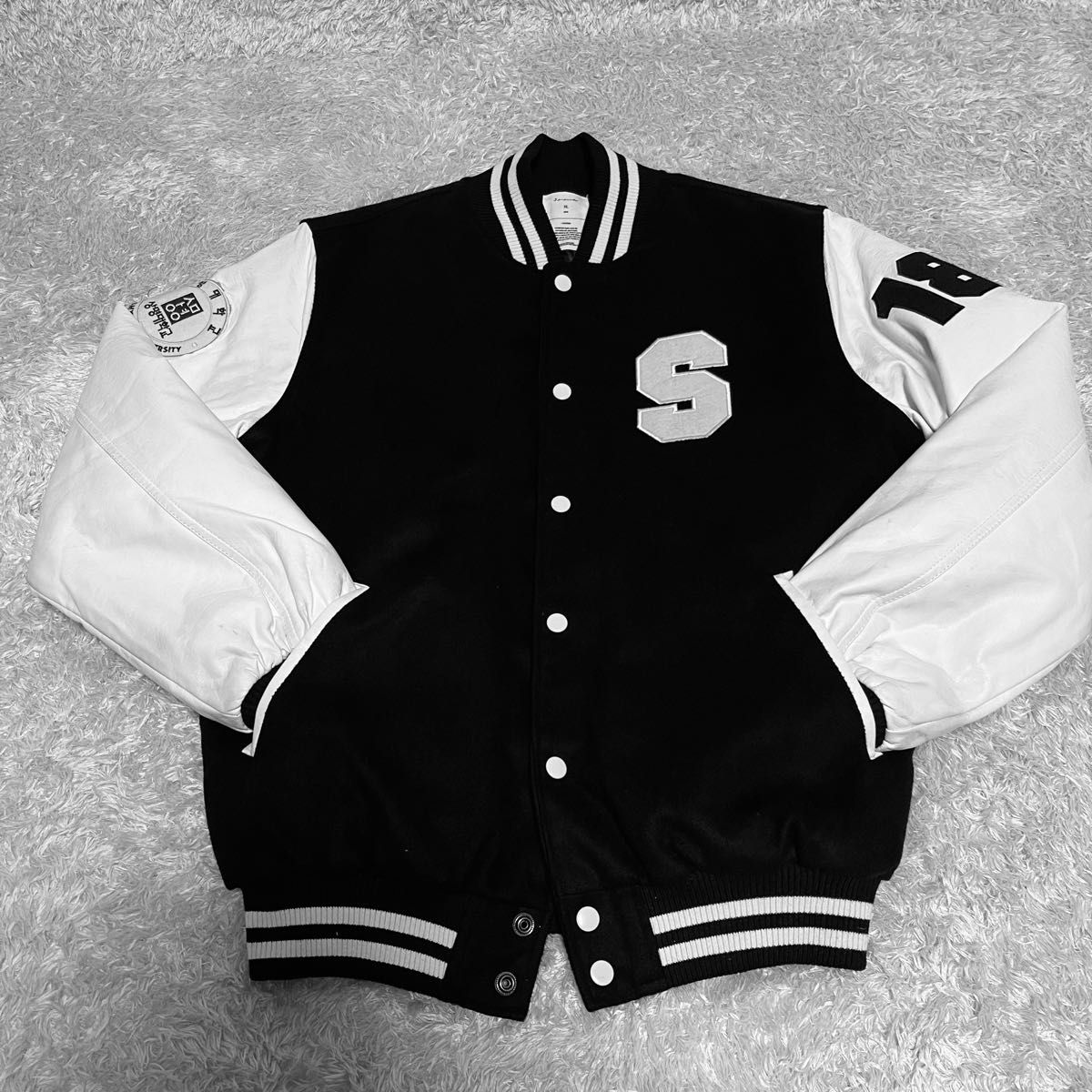 スタジャン 袖レザー Sワッペン 韓国大学 メンズXLサイズ ブラック黒