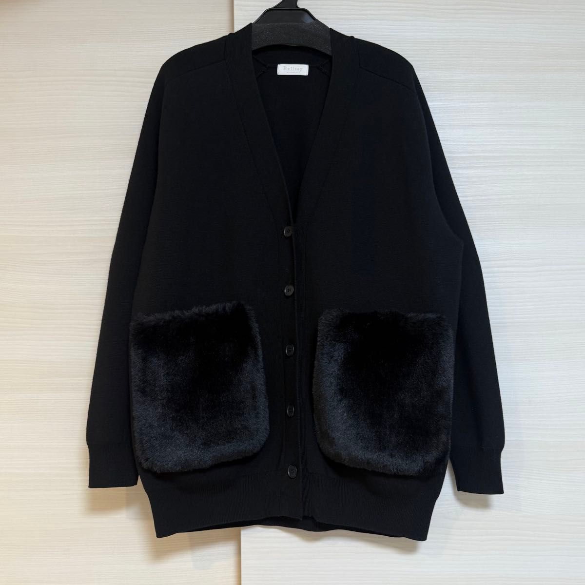 BALLSEY ウールポリエステルミラノリブ ファーポケットカーディガン 黒