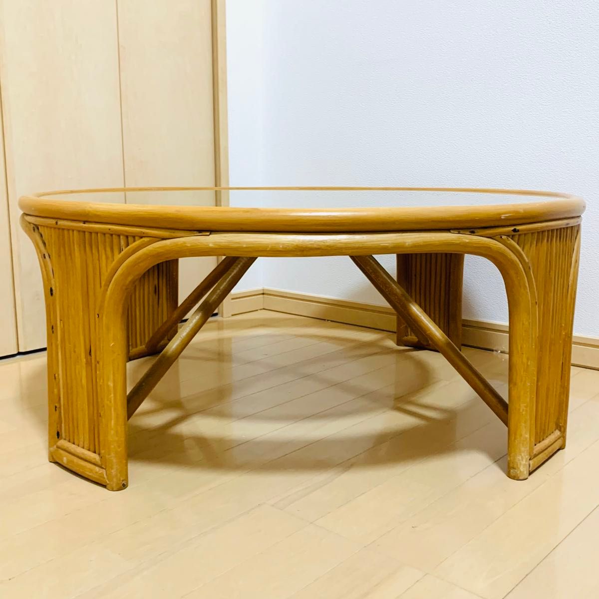 籐家具 ラタンテーブル ローテーブル ガラス天板付き 丸テーブル 昭和