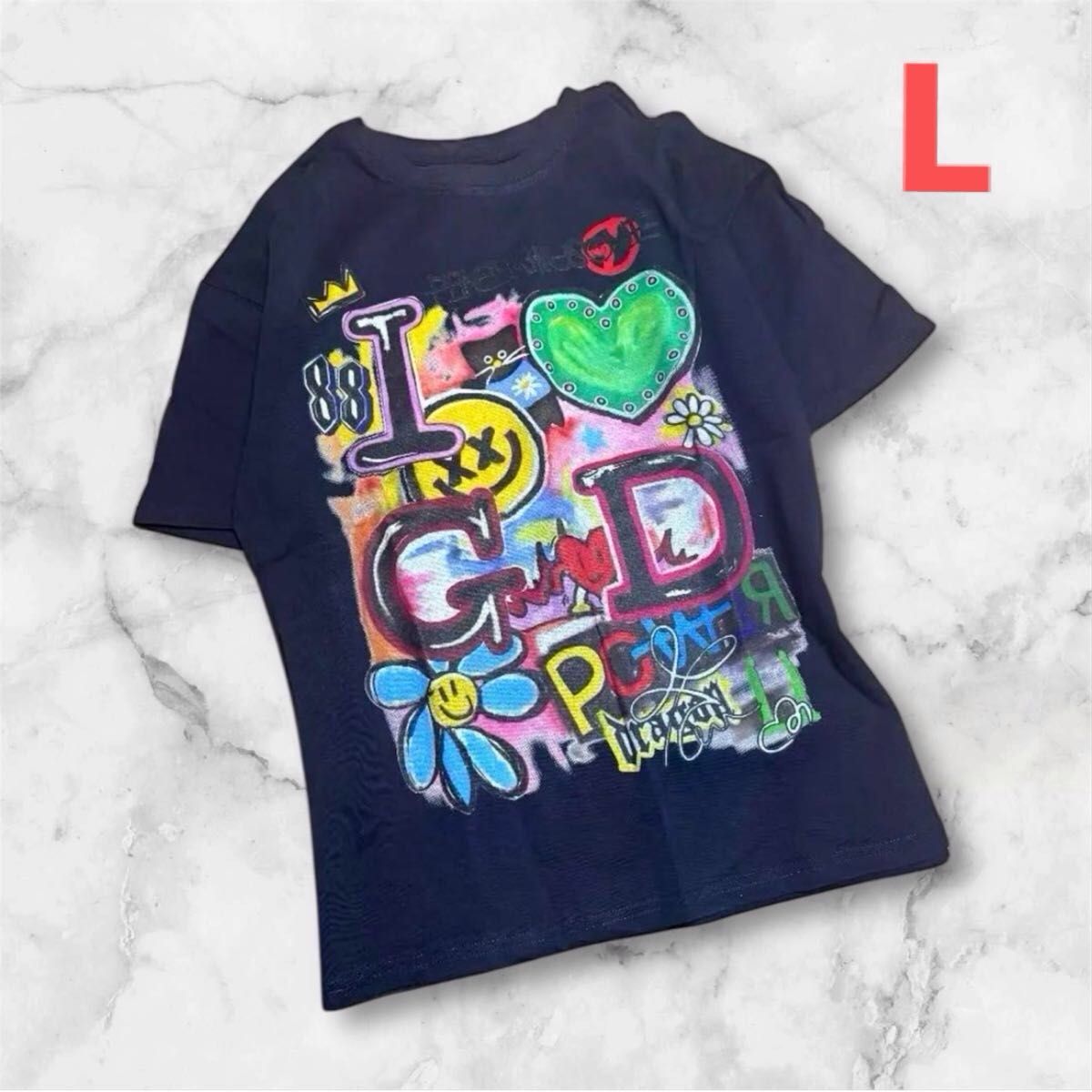 新品G-dragonジヨン応援Tシャツ落書き風 ジードラゴン 紺色 Lゆったり