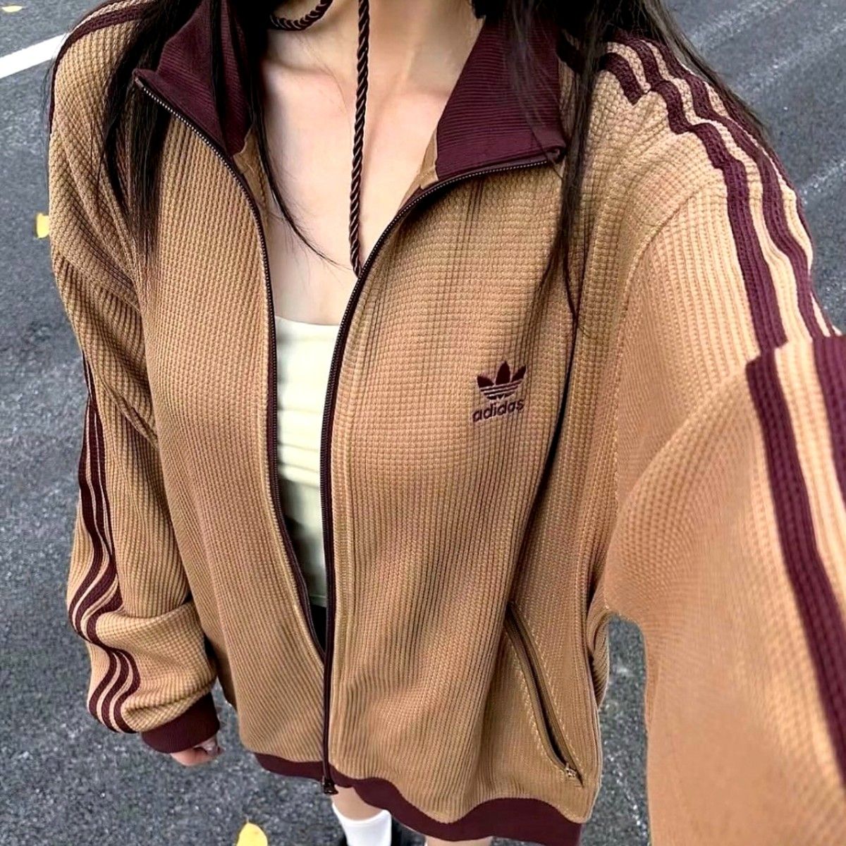 新品 茶 M ワッフルトラックジャケット ニットトップ ジャージ 男女