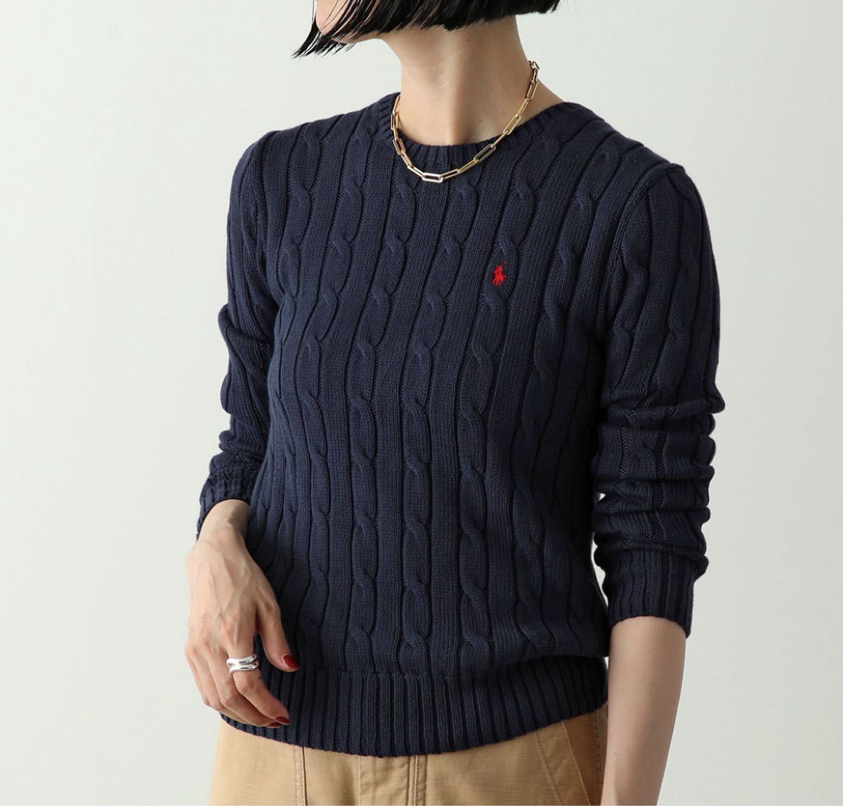 美品 ポロラルフローレン M ケーブルニット コットン クルーネック
