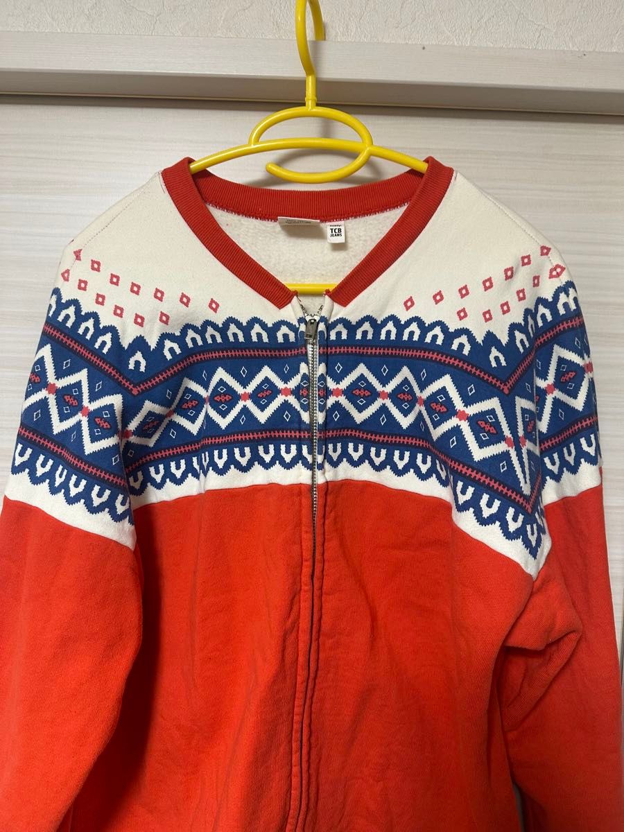 tcb jeans 雪柄スウェット パーカー レッド L フルジップ 雪柄 xx