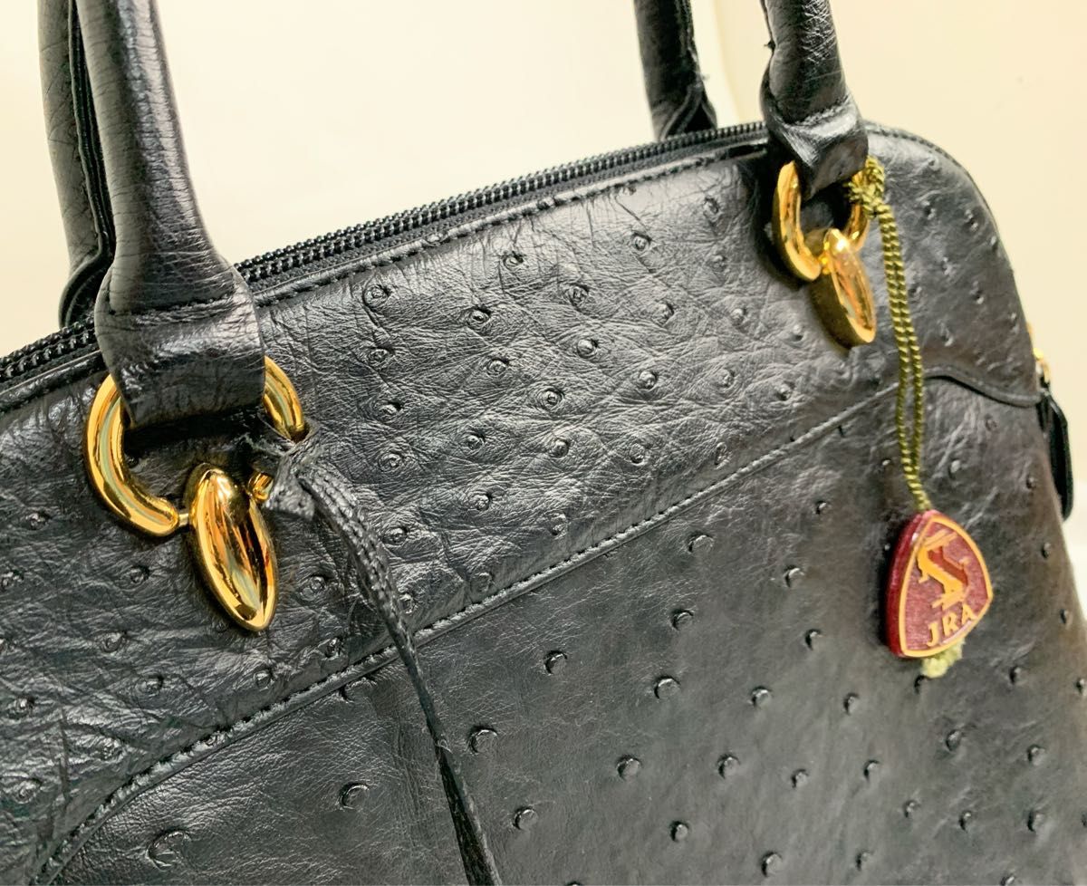 美品 JRA認定 黒 ブラック オーストリッチ ハンド バッグ 本革