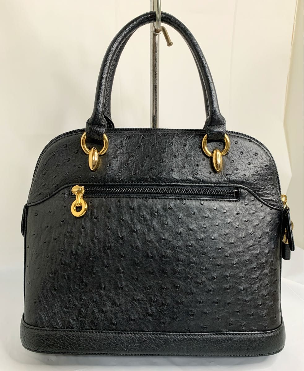 美品 JRA認定 黒 ブラック オーストリッチ ハンド バッグ 本革