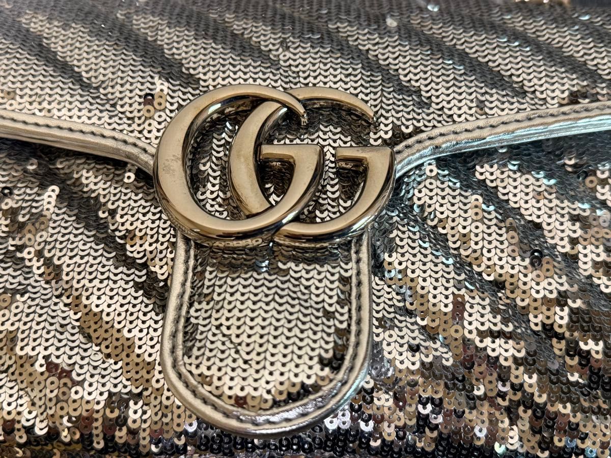 GUCCI GGマーモント ショルダーバッグ スパンコール シルバー 中古美品