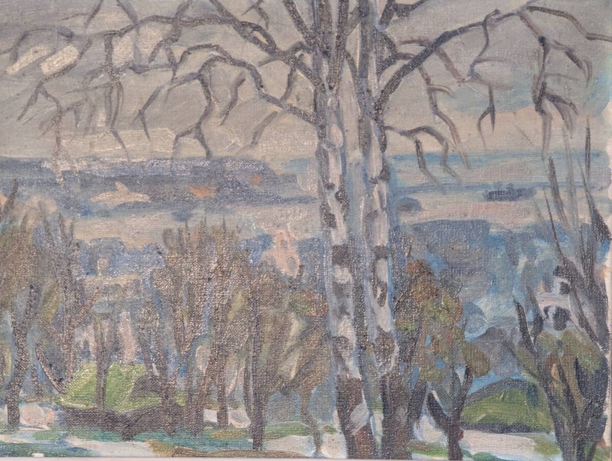 真作】絵画 油彩4号 初冬の公園から 静けさの中に奥行きを感じる冬景色