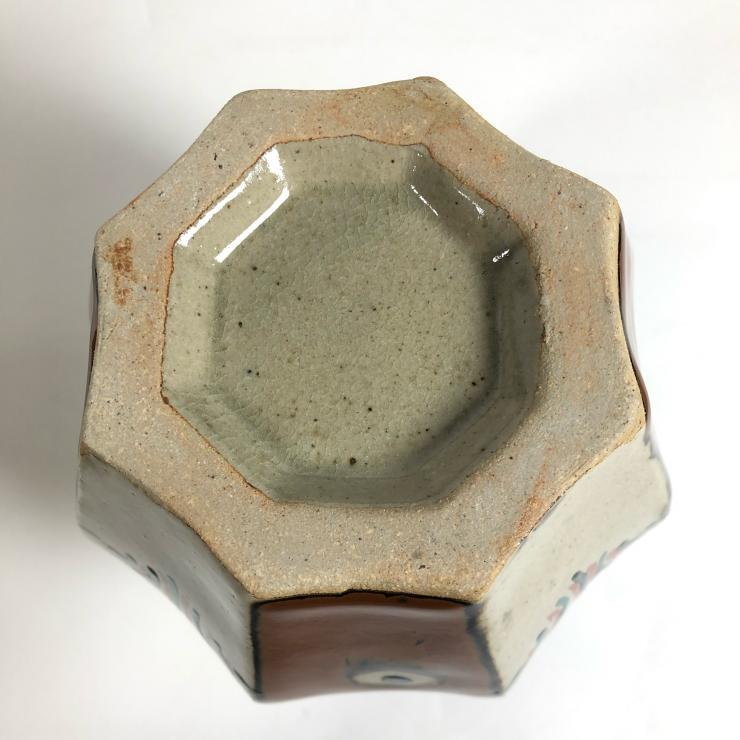 陶芸家 本物保証 人間国宝 浜田庄司 本人作 柿釉窓絵四方花瓶