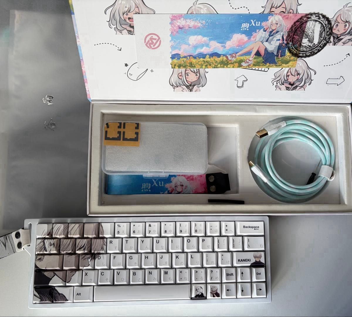 HM66 カスタムキーボード（谷雨PCB）白色アルミケース＋赤色アルミ