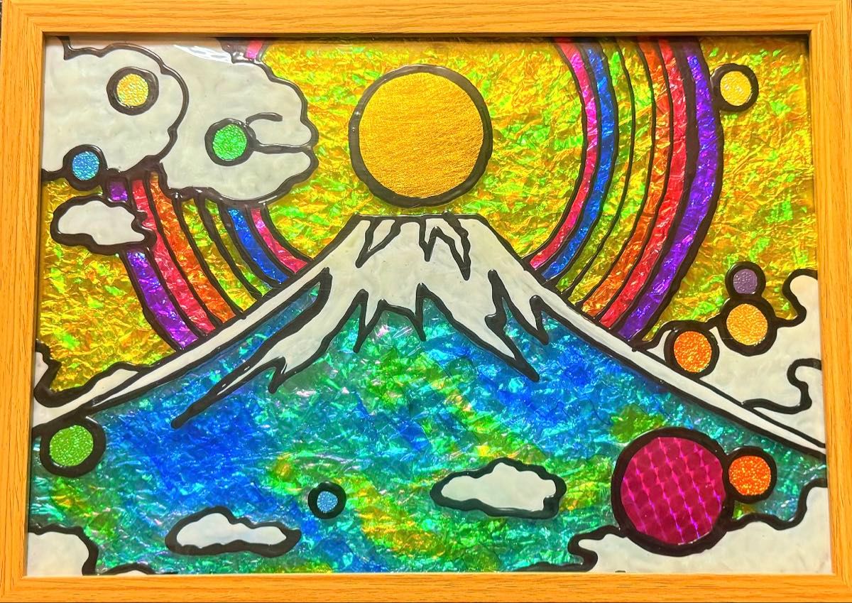 日本の誇り富士山金運ステンドグラスガラス絵の具手書きイラスト犬猫