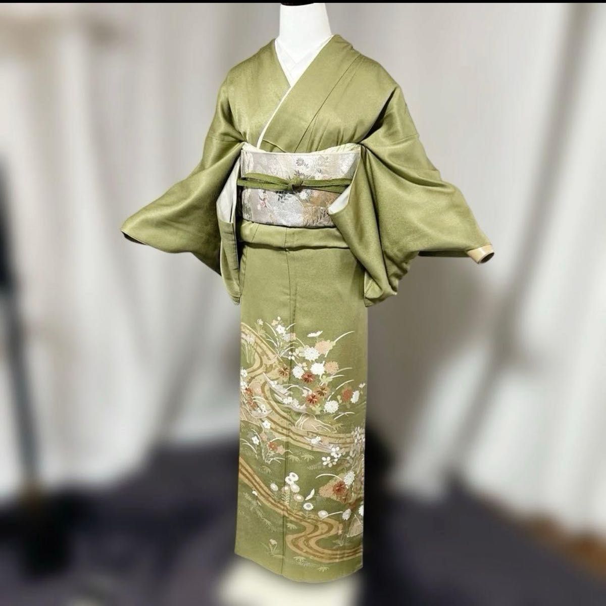 美品 袷 正絹 蘇州刺繍 友禅 訪問着 フルセット 西陣唐織プラチナ箔