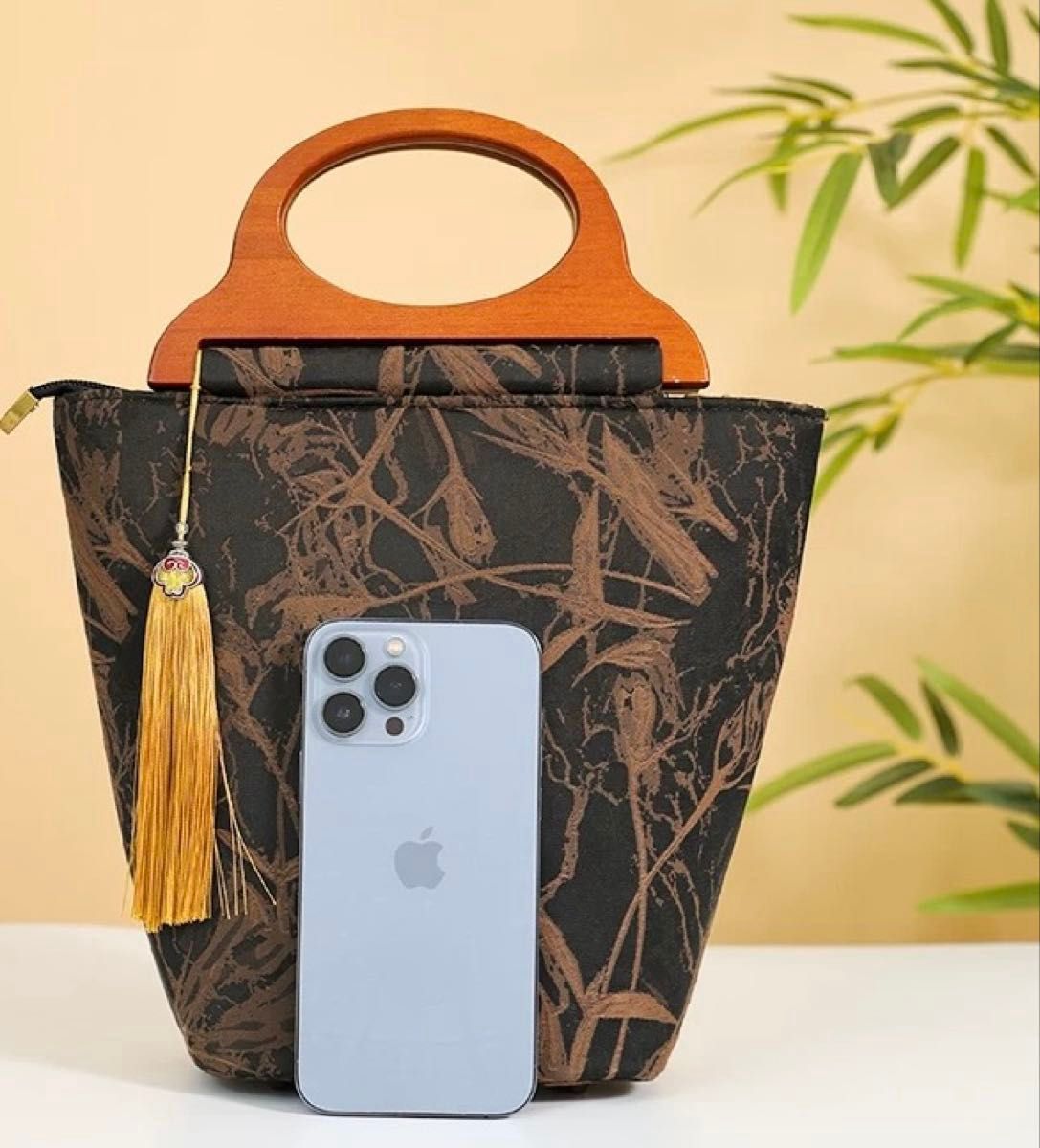 木製ハンドル 花柄 ハンドバッグ 和装バッグ 利休バッグ 礼装バッグ