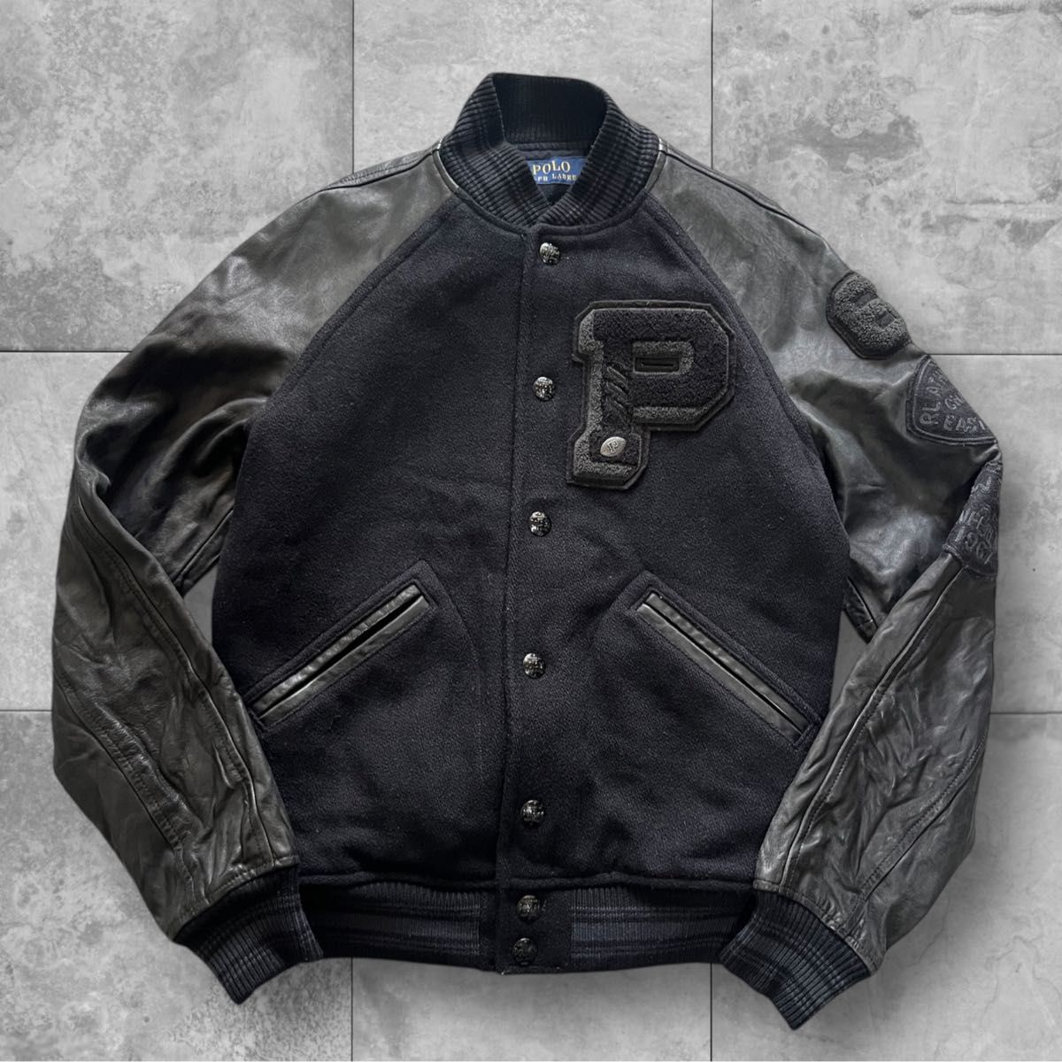 ポロラルフローレン スタジャン ブラック S相当 レザー ウール 刺繍
