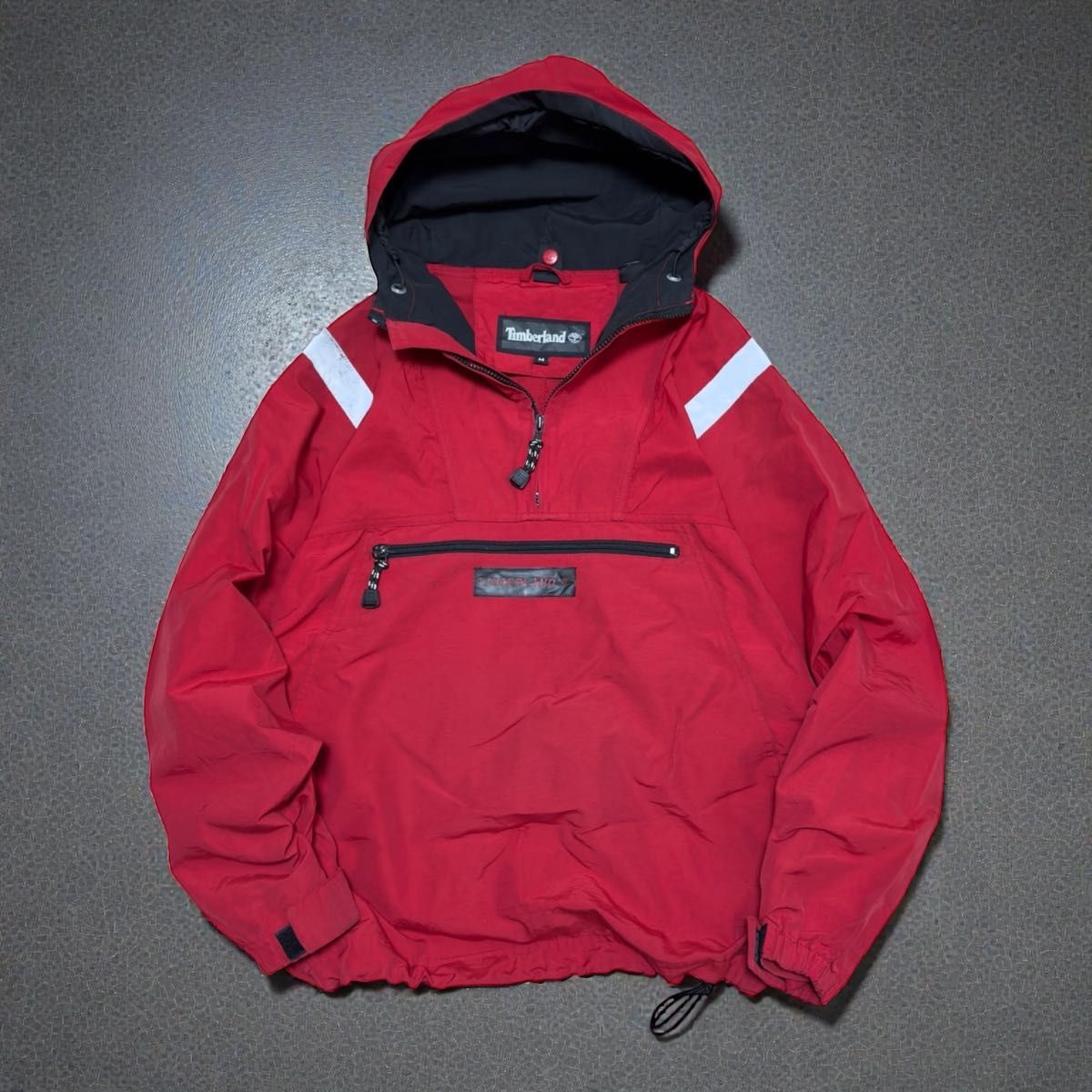 90s Timberlandナイロンアノラックパーカーハーフジップ赤レッド古着M