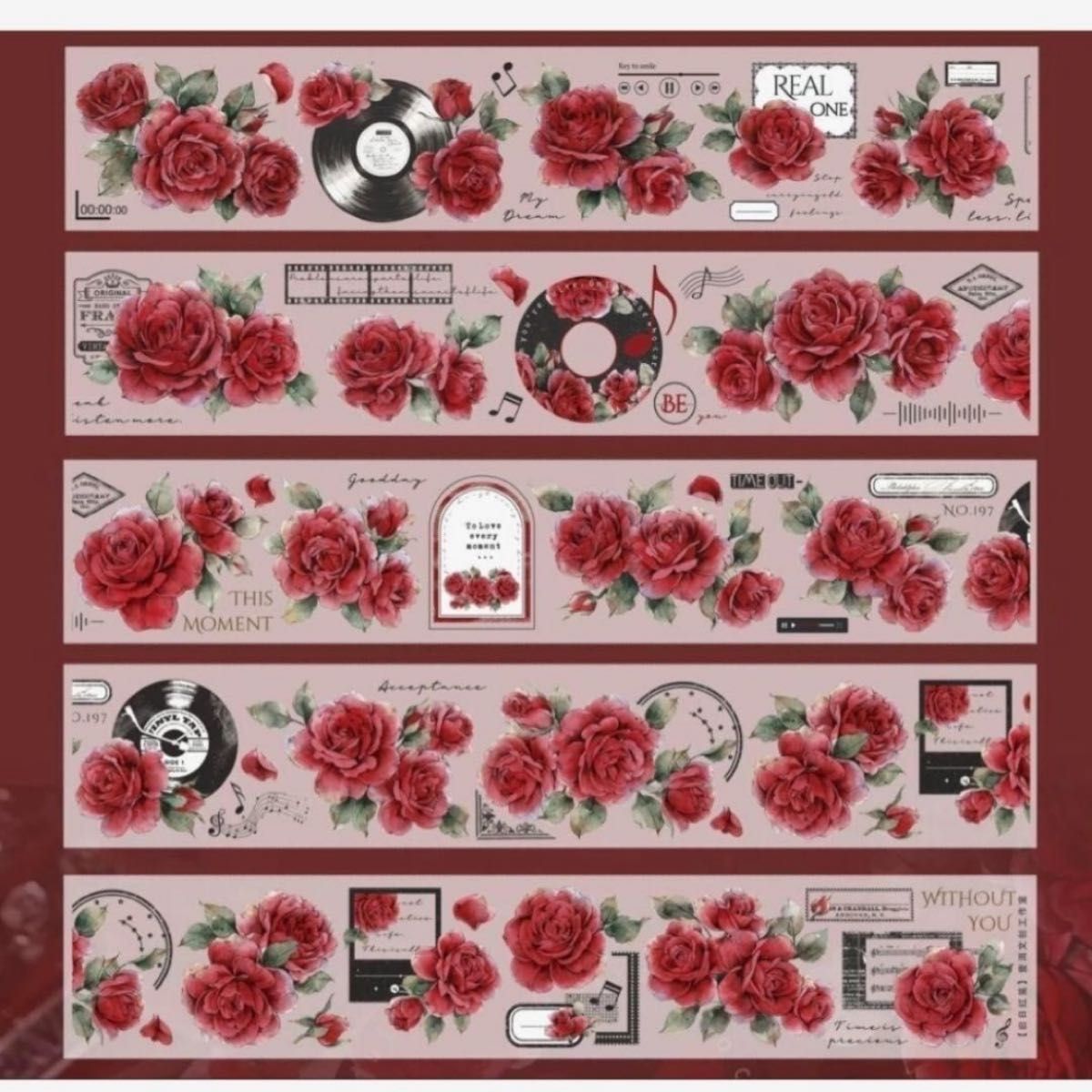 海外 マスキングテープ レッド バラ PET マステ 旧日 ステッカー