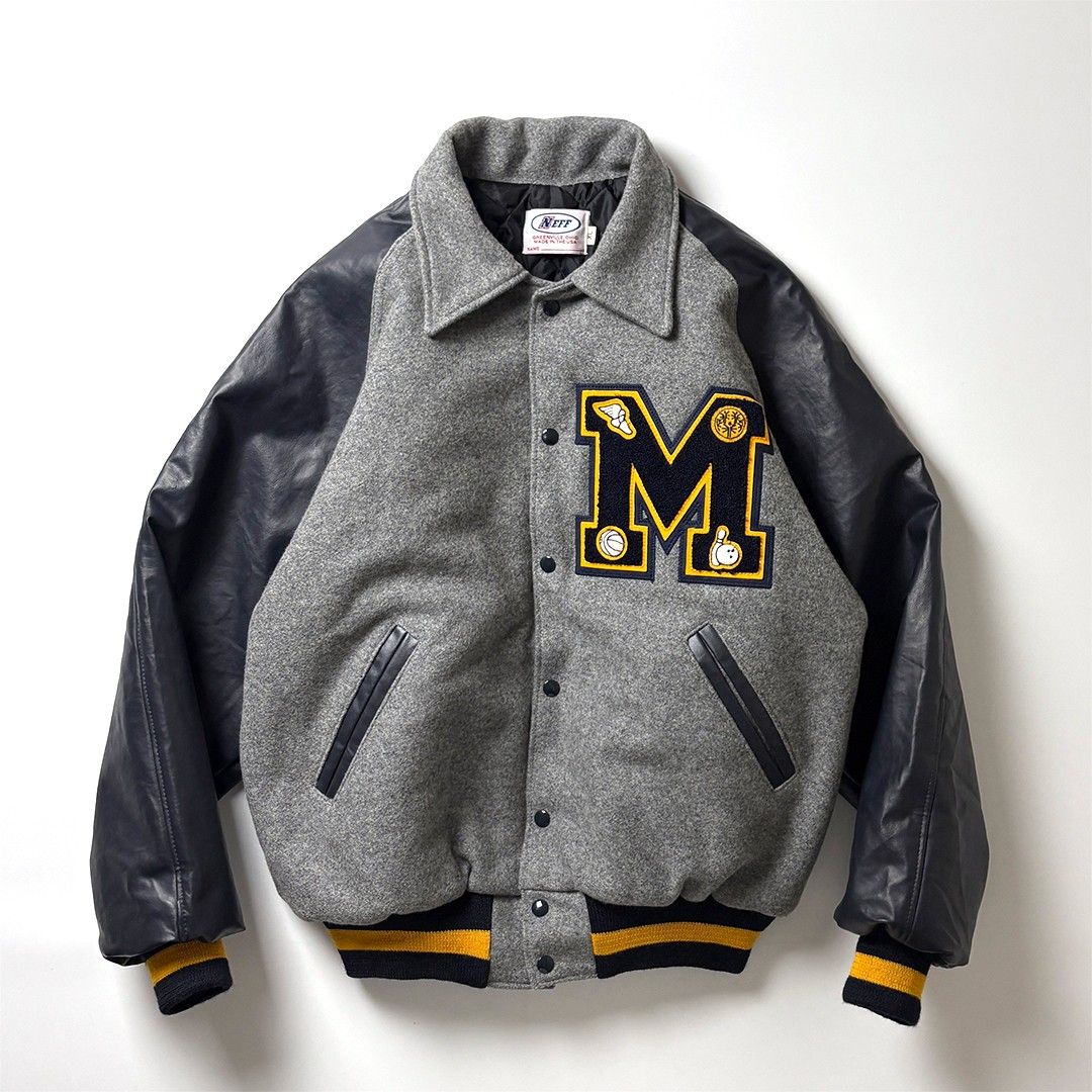 スタジャン ネイビー グレー XL USA製 袖レザー バーシティジャケット