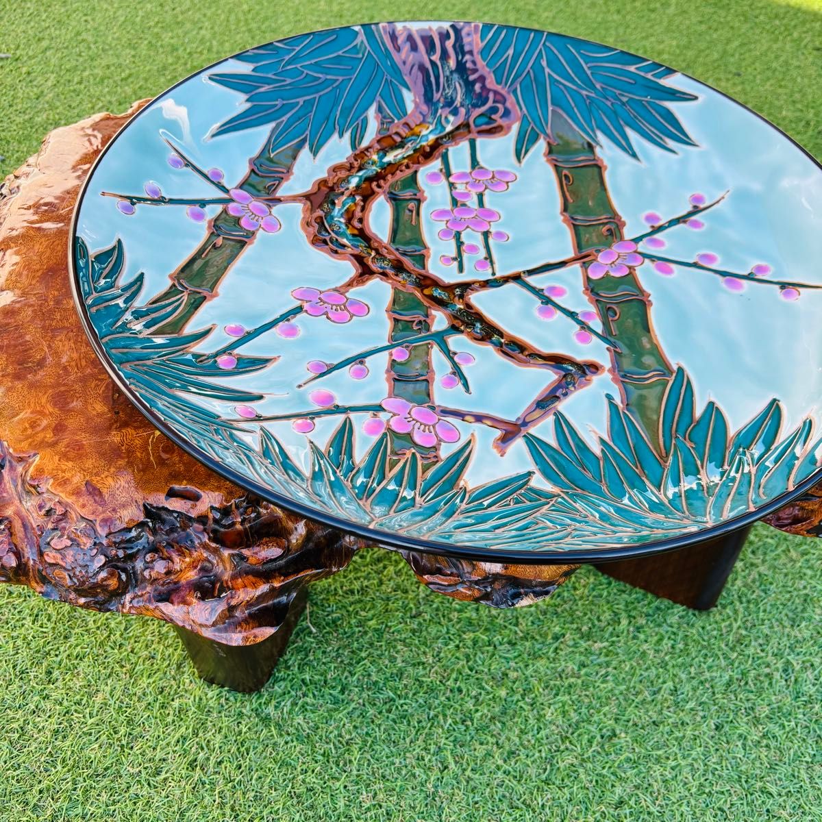 秀峰作 大皿 竹 梅 色絵 有田焼 飾皿 古美術 窯 竹梅花飾皿 和食器