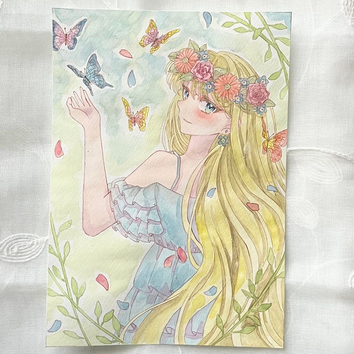 蝶と戯れ オリジナル 手描きイラスト A5サイズ 原画 女の子 透明水彩