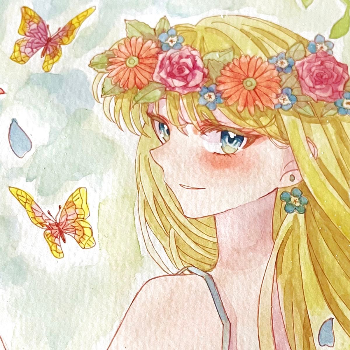 蝶と戯れ オリジナル 手描きイラスト A5サイズ 原画 女の子 透明水彩