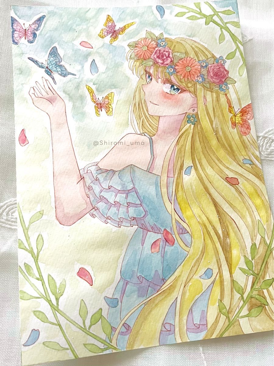 蝶と戯れ オリジナル 手描きイラスト A5サイズ 原画 女の子 透明水彩