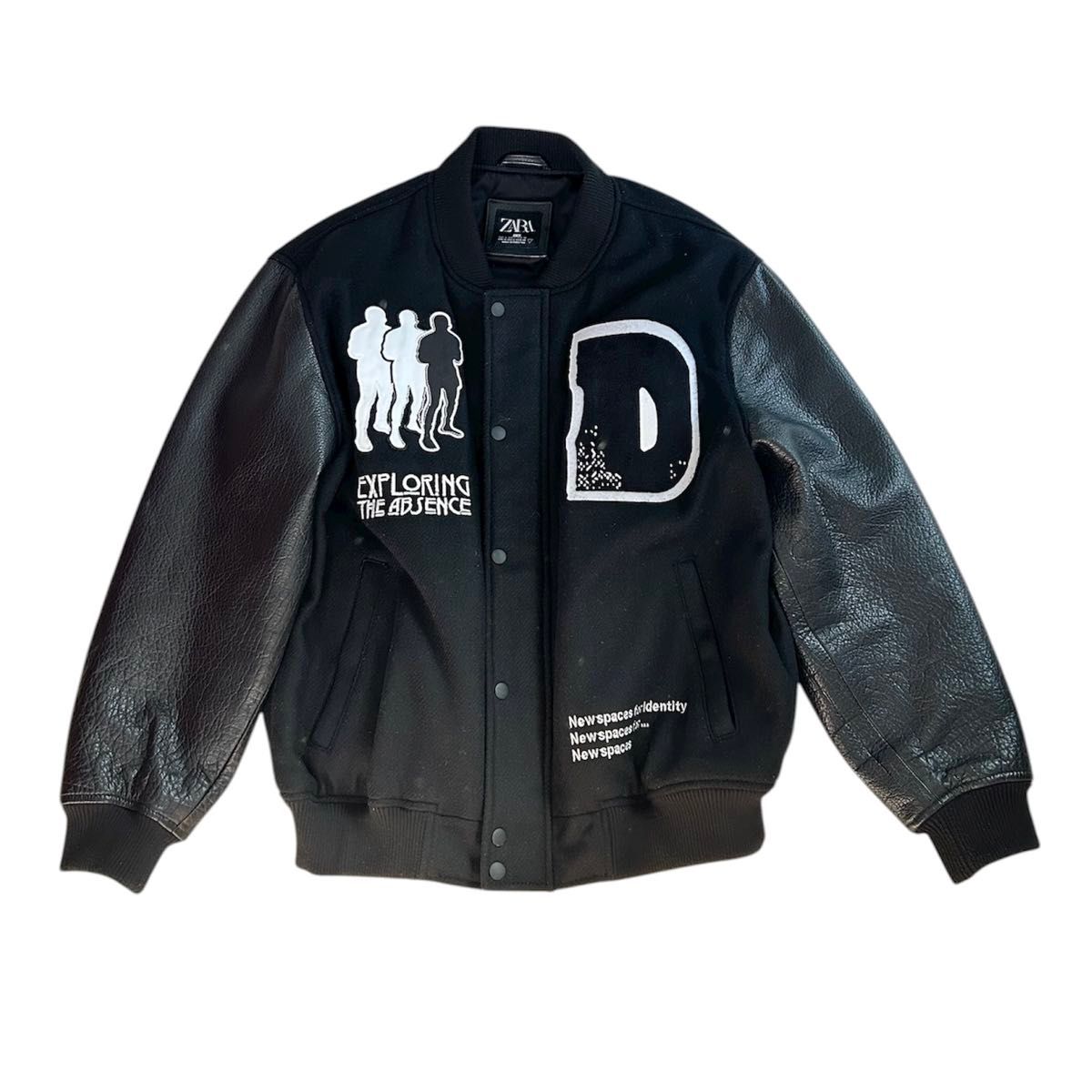 セール ZARA スタジャン 水牛革 サイズS-M ワッペン レザー 黒 ウール