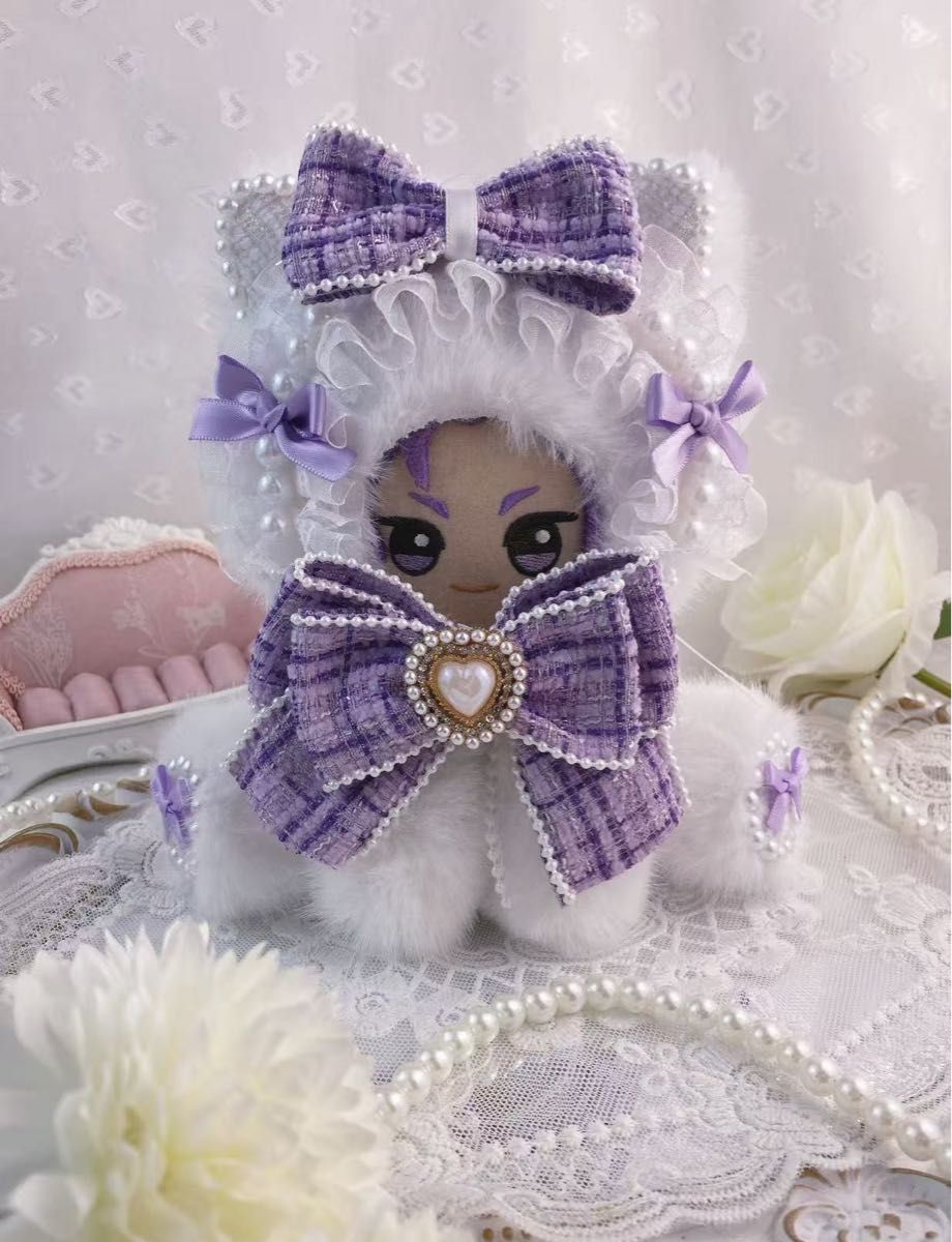 ツイード風 お座りぬい服 猫耳 白x紫 10〜12cm ⑧｜Yahoo!フリマ（旧