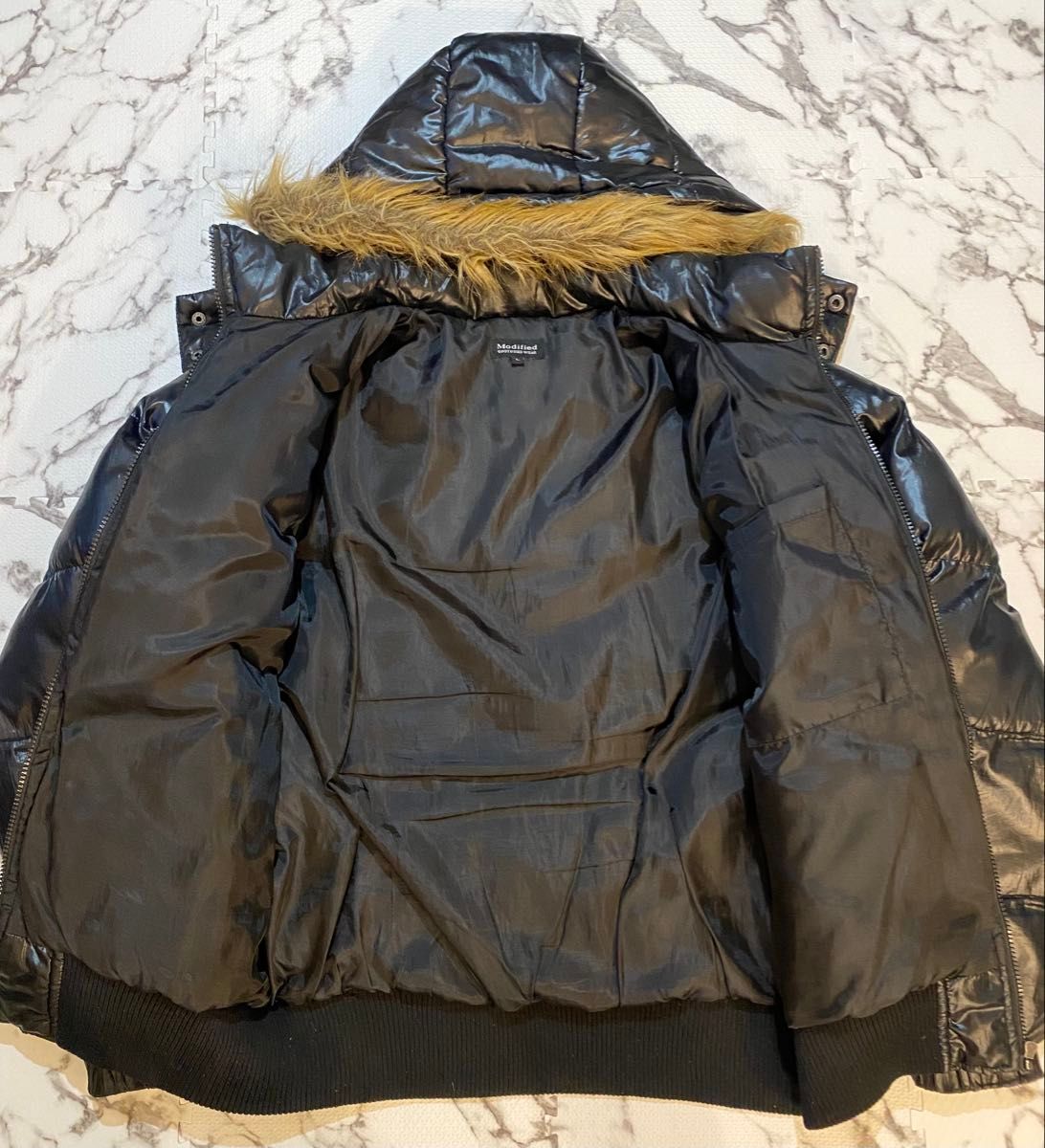 Y2K 00s archive ダウンジャケット 光沢 フード ファー グランジ 黒