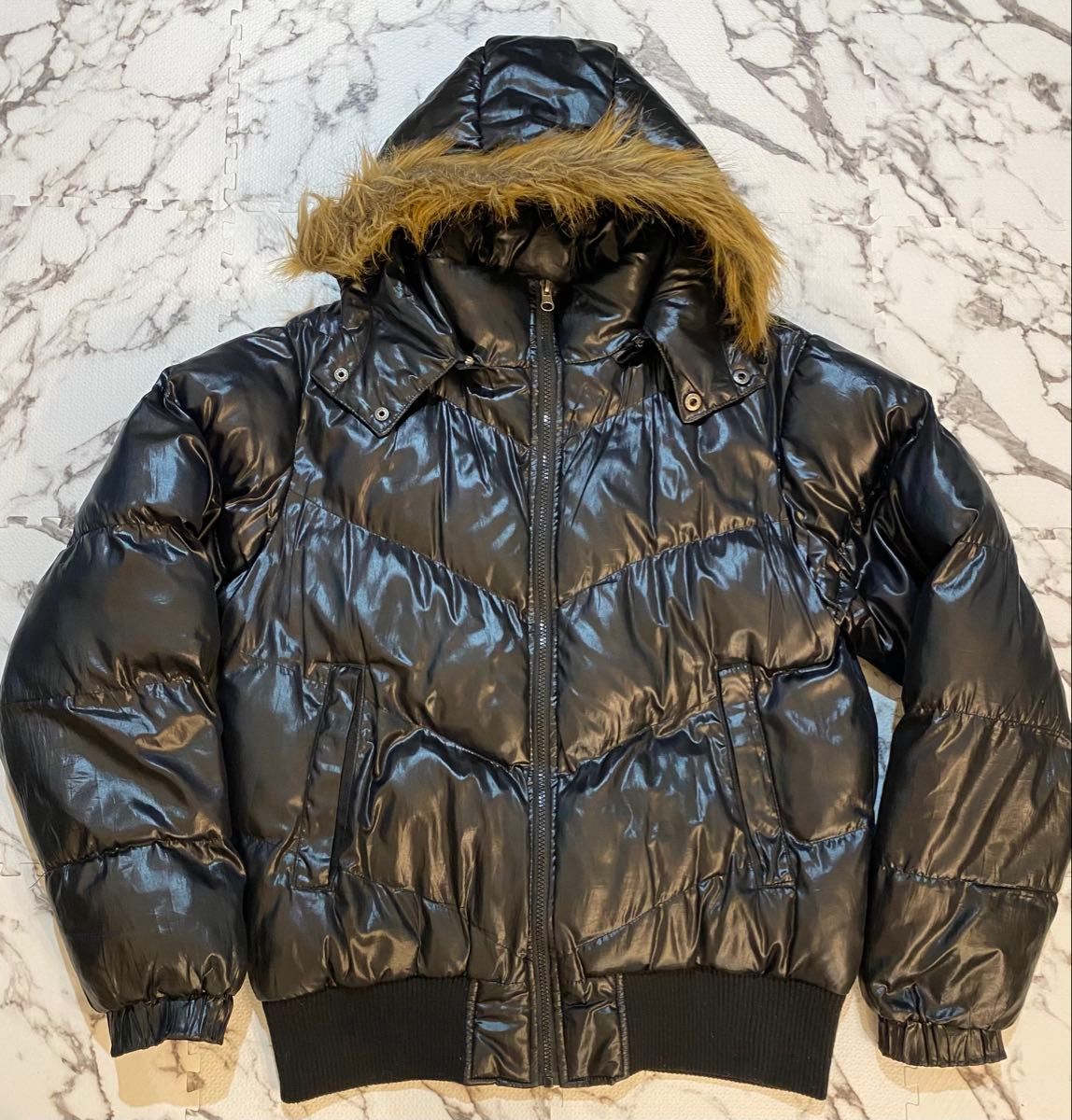 Y2K 00s archive ダウンジャケット 光沢 フード ファー グランジ 黒