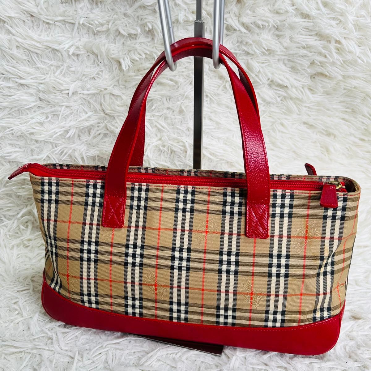 良品】BURBERRY バーバリー ノバチェック ハンドバッグ 赤 チャーム