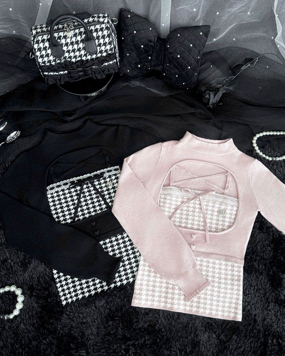 ミシェルマカロン イモ 千鳥柄ハイネックアンサンブルトップス ハニー