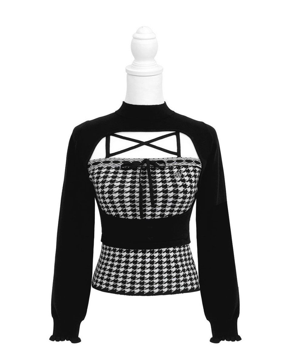 ミシェルマカロン イモ 千鳥柄ハイネックアンサンブルトップス ハニー