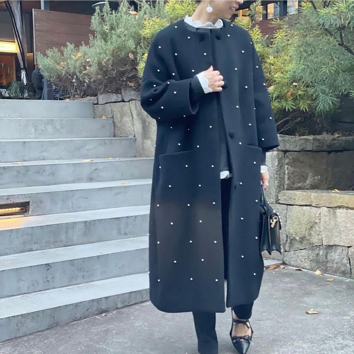 新品ツルバイマリコオイカワ パール付 ロングコート 黒 tsuru by