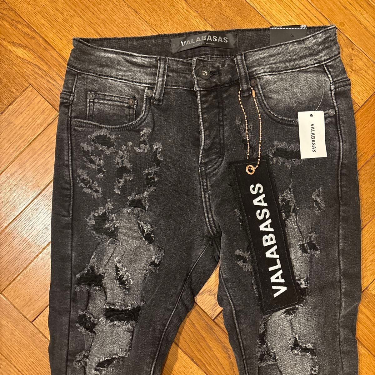 専用新品valabasasハードクラッシュスキニーフレアデニムブラックバラ