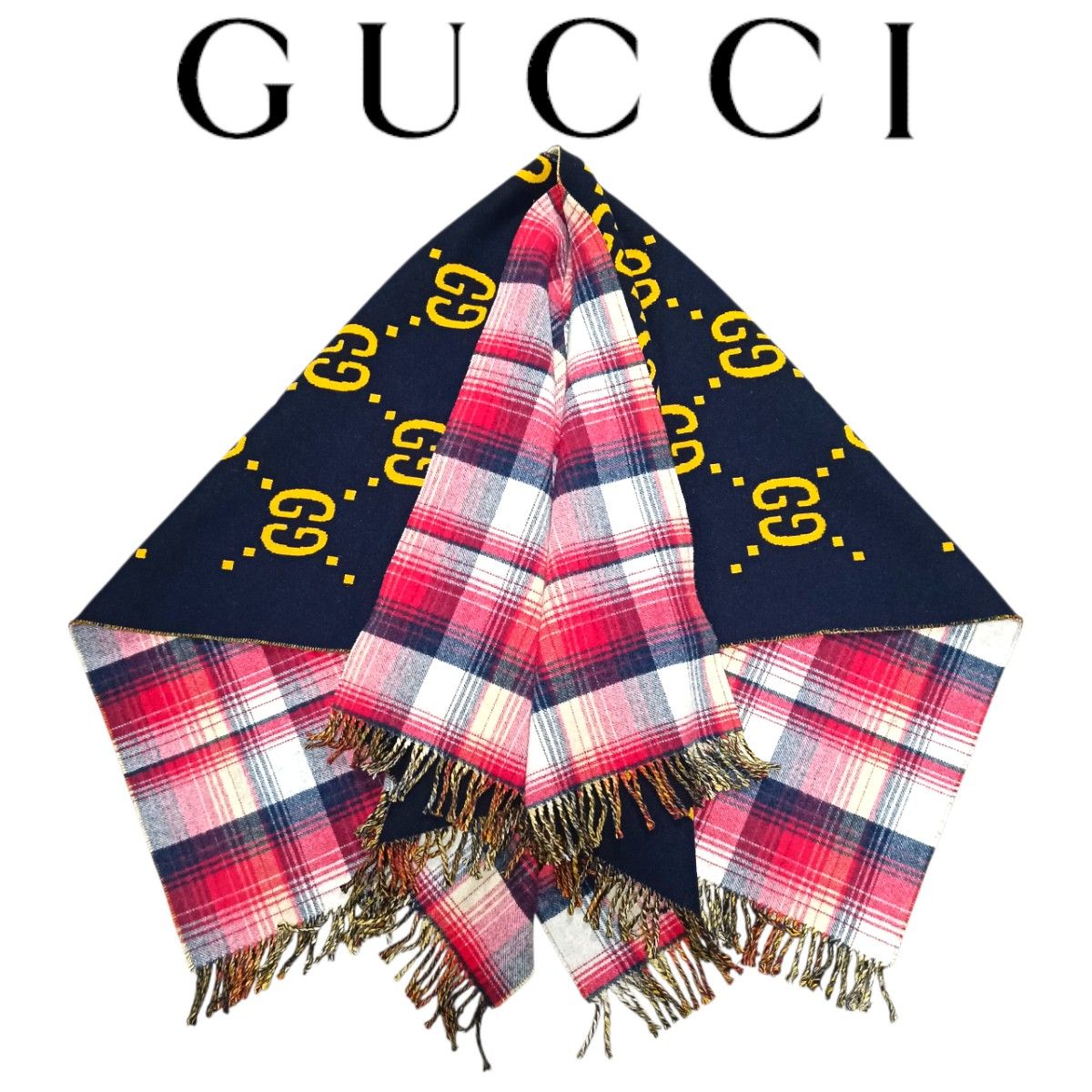 希少 GUCCI グッチ ポンチョ ケープ リバーシブル GG ウール ネイビー