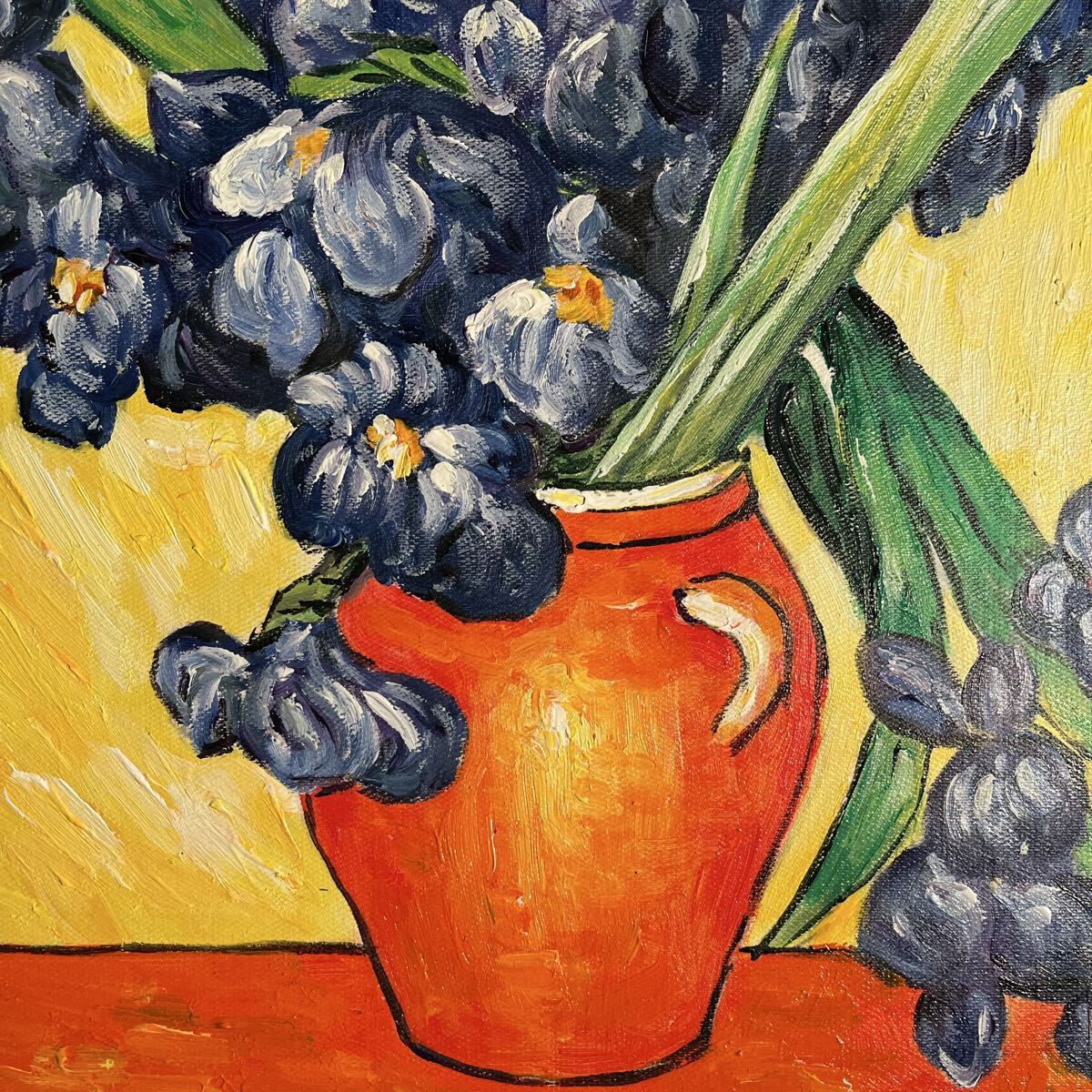☆秀作☆ 手書き油絵 ゴッホ アイリスのある花瓶 額付 絵画 インテリア