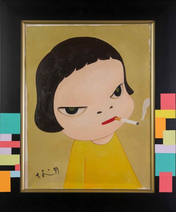 模写》奈良美智 手描き 油彩画《タバコをふかした女の子》表サイン 裏