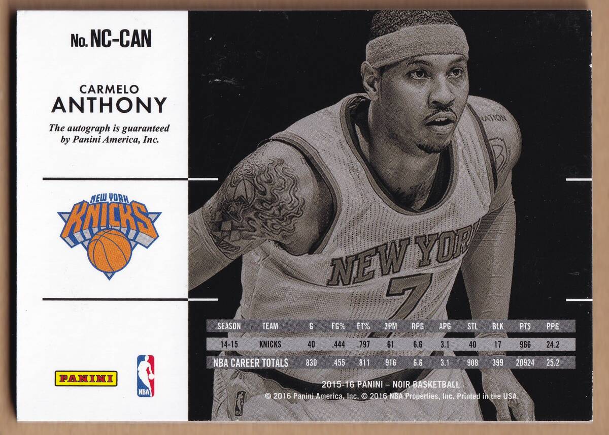NBA】CARMELO ANTHONY 直筆サインカード 25枚限定 2015-2016 PANINI