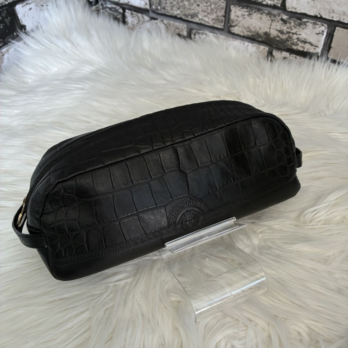 VERSACE ヴェルサーチ セカンドバッグ クロコ型押し レザー ブラック