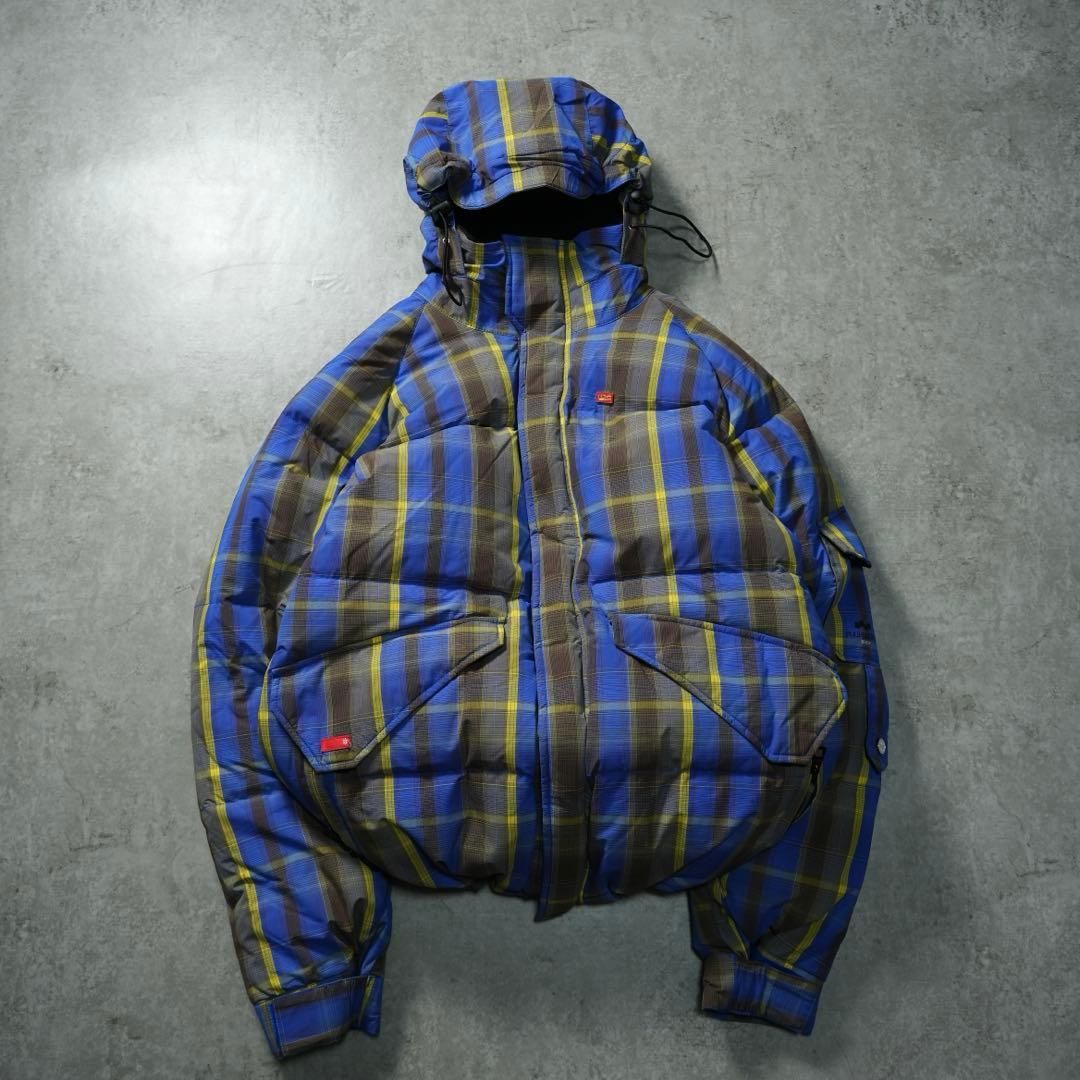 y2k 超肉厚ダウンジャケット チェック柄 ブラウン ドローコード 短丈