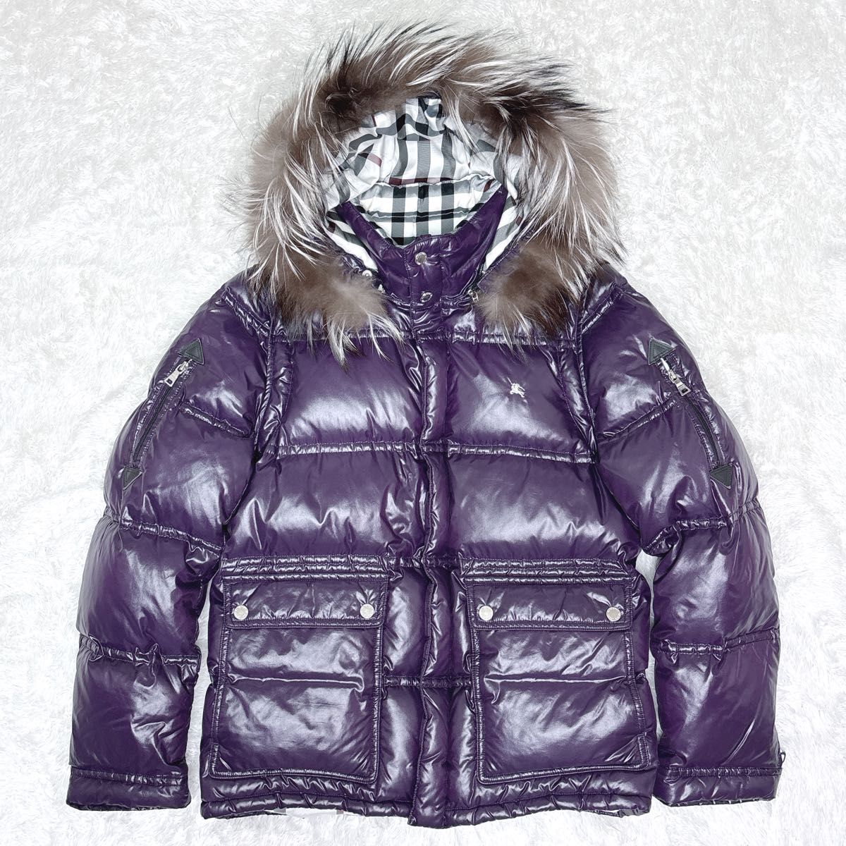 バーバリーブラックレーベル ダウンジャケット ファー ノバチェック 紺